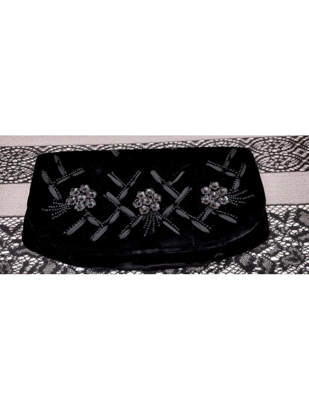 Soure 1950s Cocktail Black Velvet Clutch Purse Beaded Embellished Plastic Floral